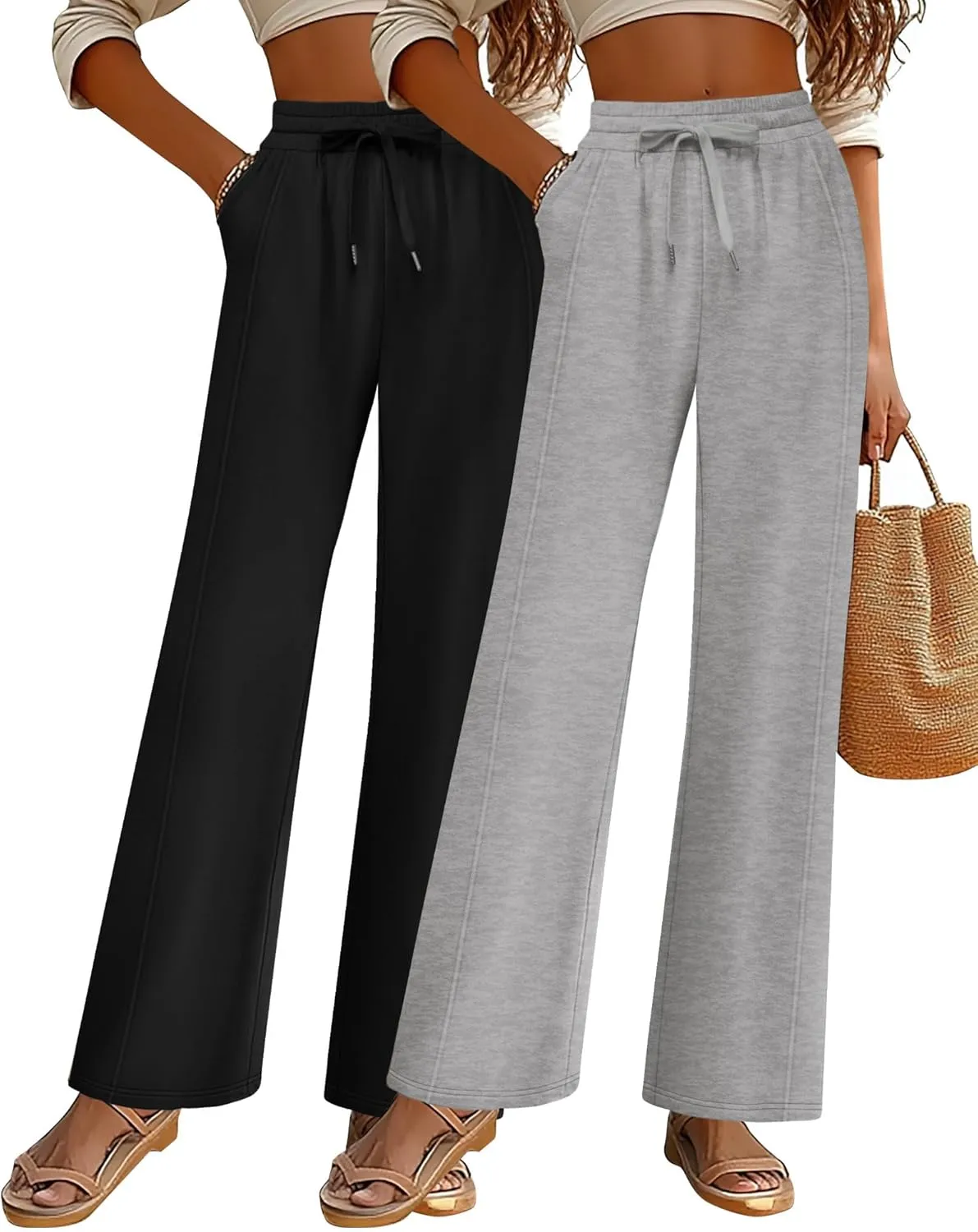 2 Pack Women's Wide Leg Pants Casual Drawstring High Waist Sweatpants Baggy Trousers Joggers Pant with Pockets