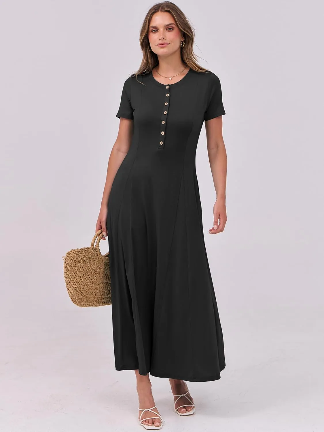 ANRABESS Women Summer Maxi Dress 2025 Casual Short Sleeve Button Fit & Flare A-Line Flowy Spring Long Dresses with Pockets
