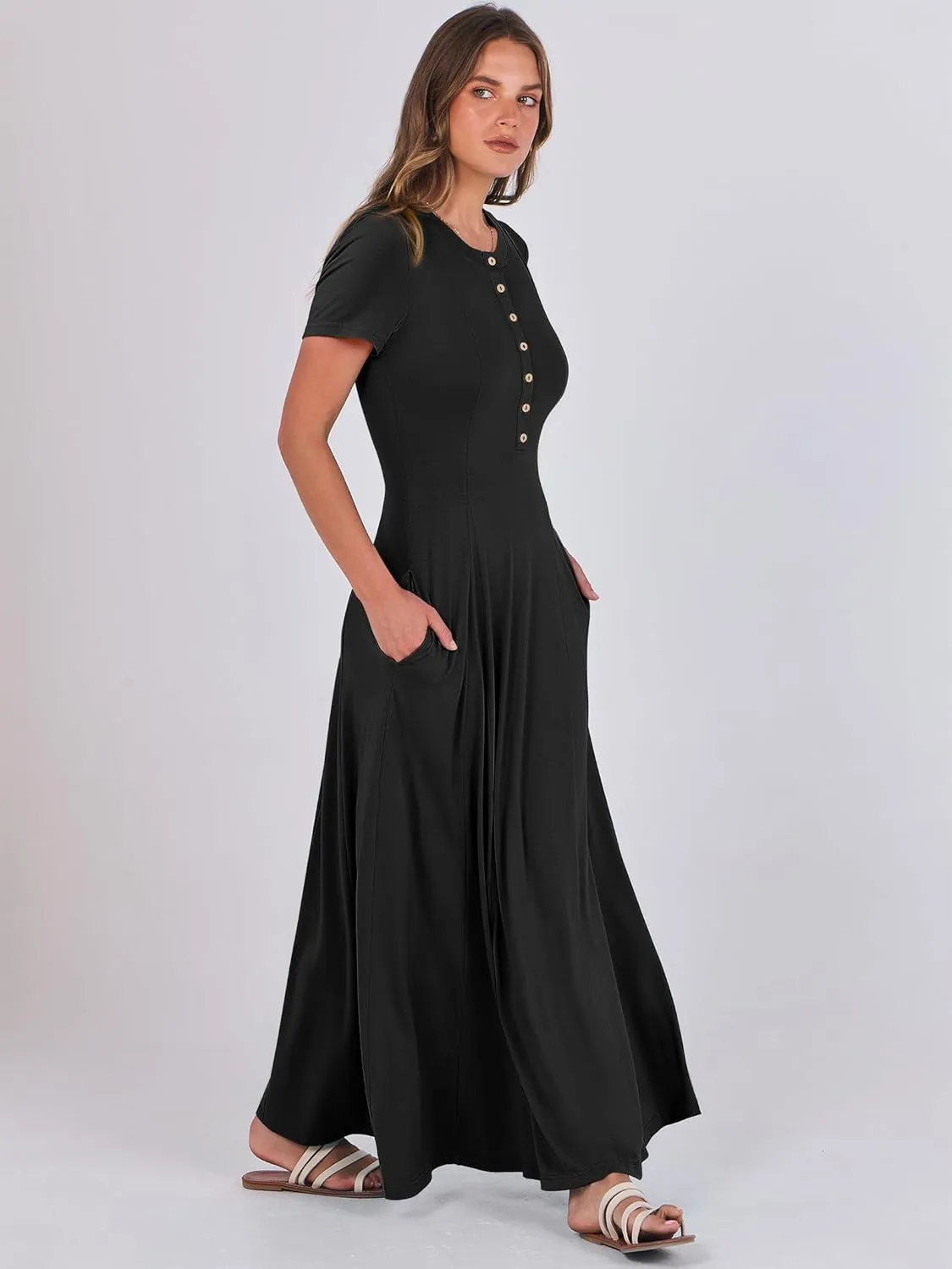 ANRABESS Women Summer Maxi Dress 2025 Casual Short Sleeve Button Fit & Flare A-Line Flowy Spring Long Dresses with Pockets