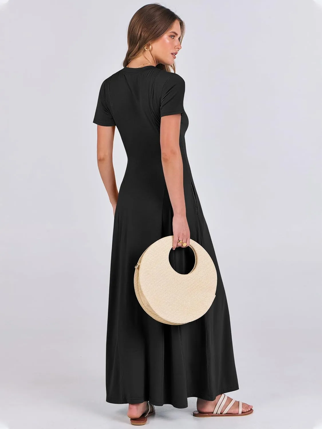 ANRABESS Women Summer Maxi Dress 2025 Casual Short Sleeve Button Fit & Flare A-Line Flowy Spring Long Dresses with Pockets