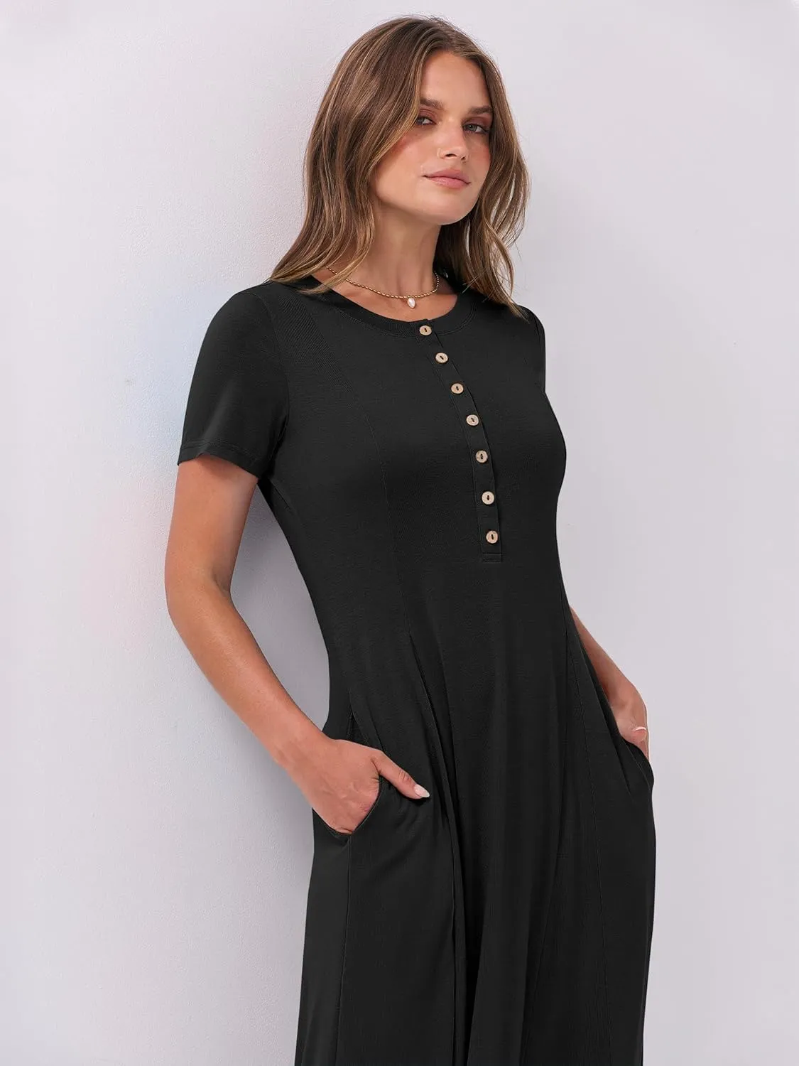ANRABESS Women Summer Maxi Dress 2025 Casual Short Sleeve Button Fit & Flare A-Line Flowy Spring Long Dresses with Pockets