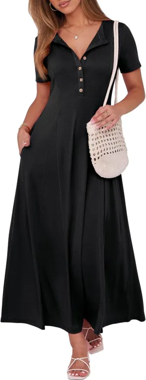 ANRABESS Women Summer Maxi Dress 2025 Casual Short Sleeve Button Fit & Flare A-Line Flowy Spring Long Dresses with Pockets