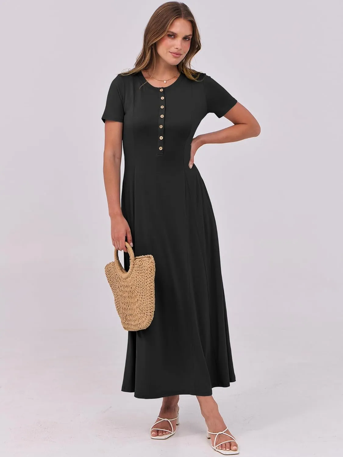 ANRABESS Women Summer Maxi Dress 2025 Casual Short Sleeve Button Fit & Flare A-Line Flowy Spring Long Dresses with Pockets