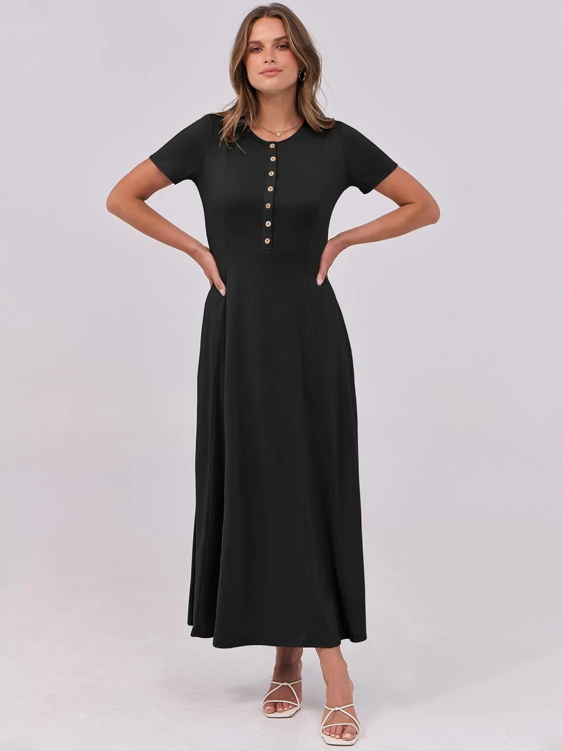 ANRABESS Women Summer Maxi Dress 2025 Casual Short Sleeve Button Fit & Flare A-Line Flowy Spring Long Dresses with Pockets