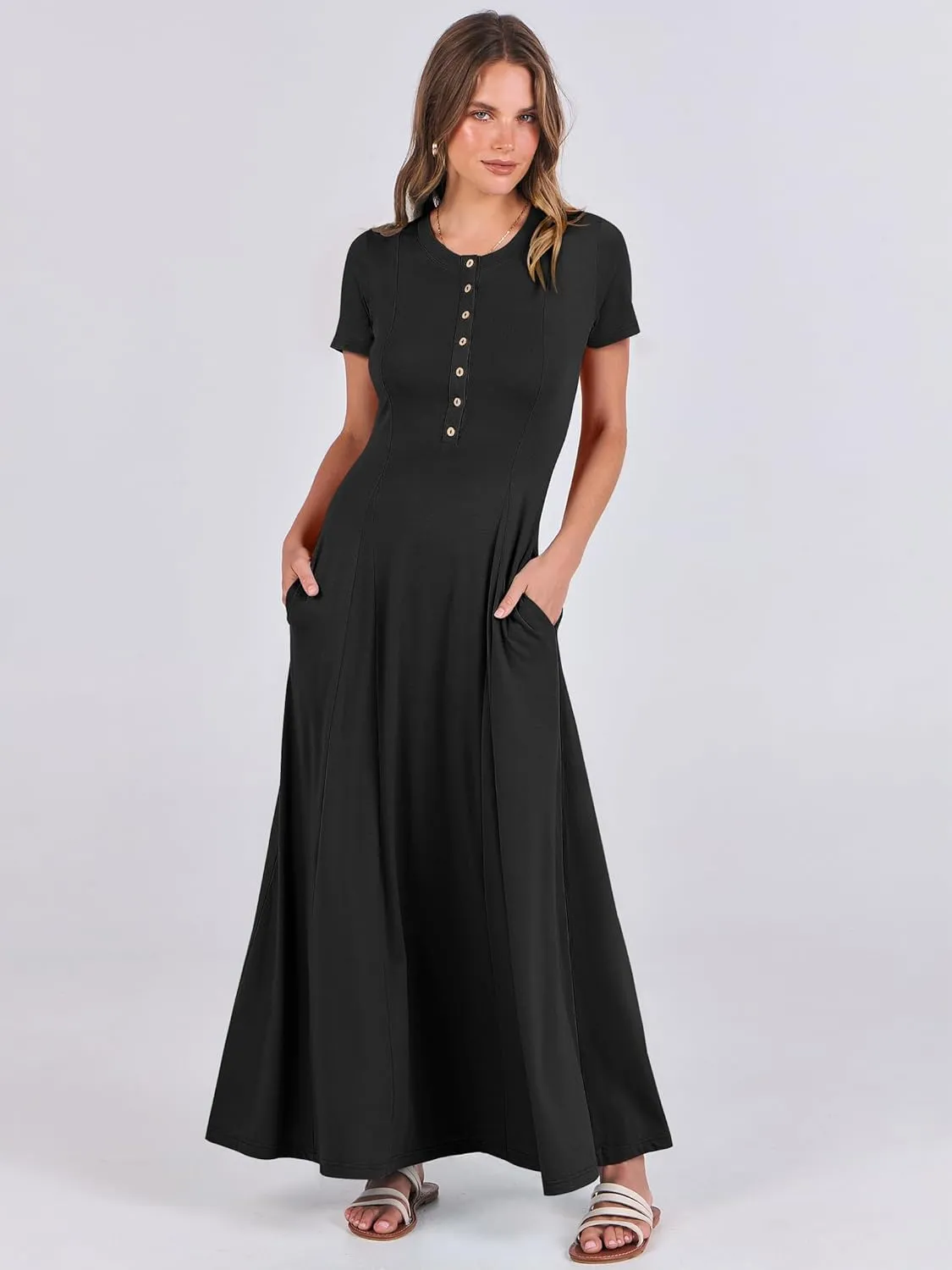 ANRABESS Women Summer Maxi Dress 2025 Casual Short Sleeve Button Fit & Flare A-Line Flowy Spring Long Dresses with Pockets