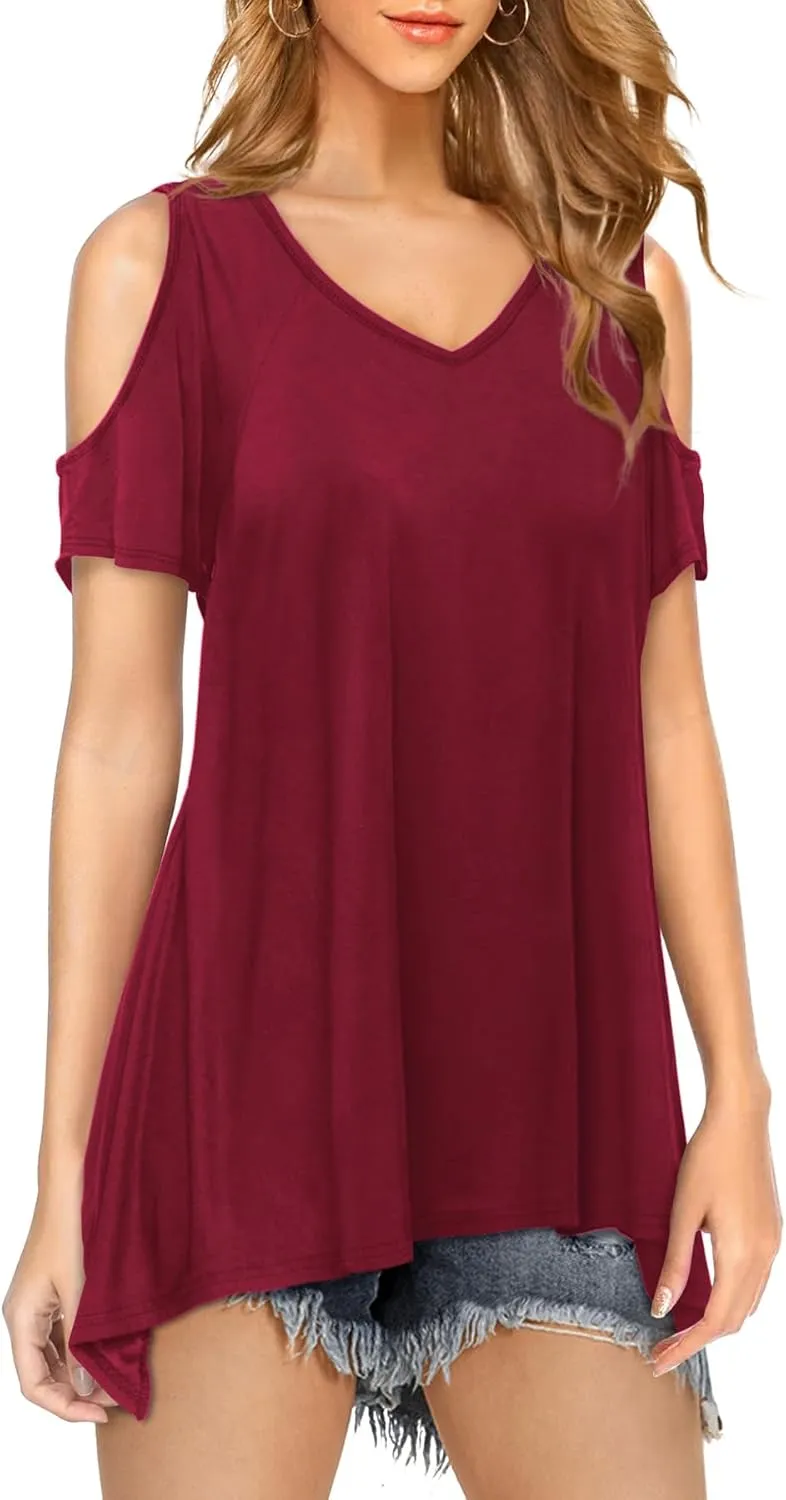 Beluring Womens Cold Shoulder Tops Summer Short Sleeve V Neck Casual Tunic Tee Shirts