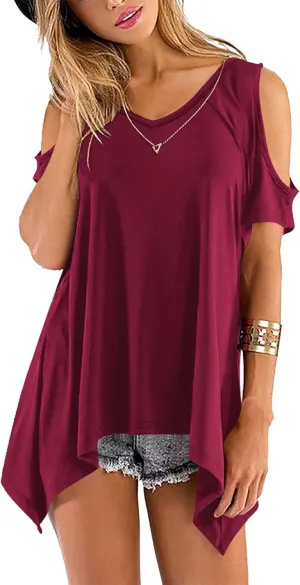 Beluring Womens Cold Shoulder Tops Summer Short Sleeve V Neck Casual Tunic Tee Shirts