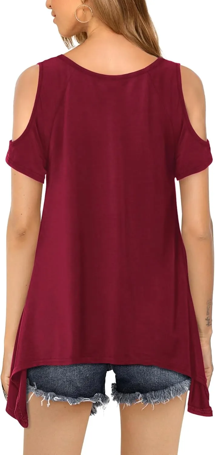 Beluring Womens Cold Shoulder Tops Summer Short Sleeve V Neck Casual Tunic Tee Shirts