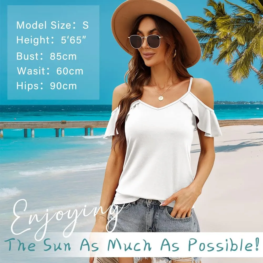 Blingfit Women Summer Cold Shoulder Tops Loose V Neck Short Sleeve Blouses Sexy Casual Ruffle Sleeves Tunic Shirts S-XXL