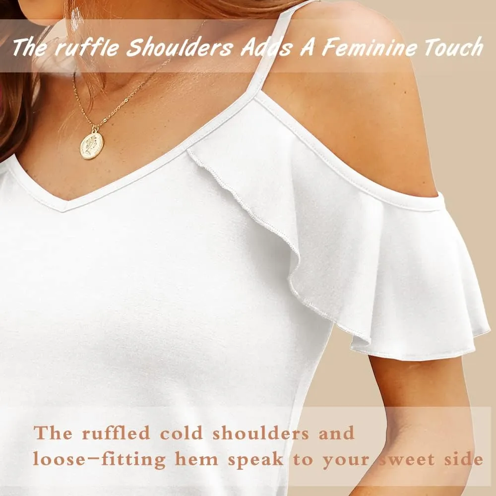 Blingfit Women Summer Cold Shoulder Tops Loose V Neck Short Sleeve Blouses Sexy Casual Ruffle Sleeves Tunic Shirts S-XXL