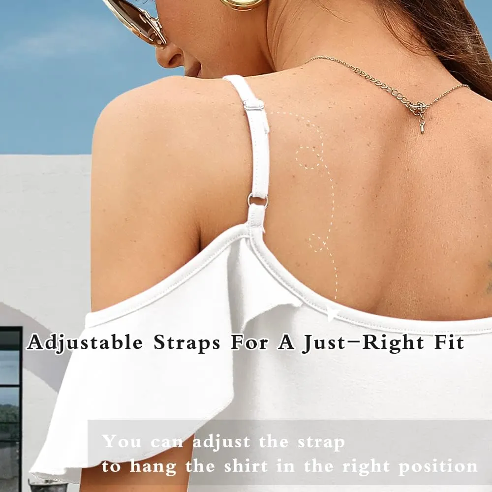 Blingfit Women Summer Cold Shoulder Tops Loose V Neck Short Sleeve Blouses Sexy Casual Ruffle Sleeves Tunic Shirts S-XXL