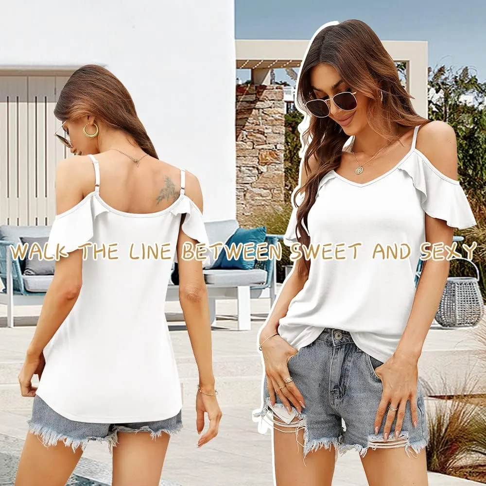 Blingfit Women Summer Cold Shoulder Tops Loose V Neck Short Sleeve Blouses Sexy Casual Ruffle Sleeves Tunic Shirts S-XXL