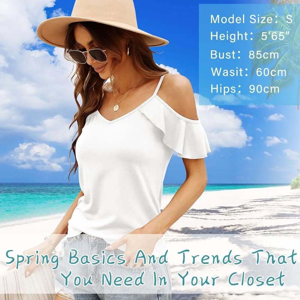 Blingfit Women Summer Cold Shoulder Tops Loose V Neck Short Sleeve Blouses Sexy Casual Ruffle Sleeves Tunic Shirts S-XXL
