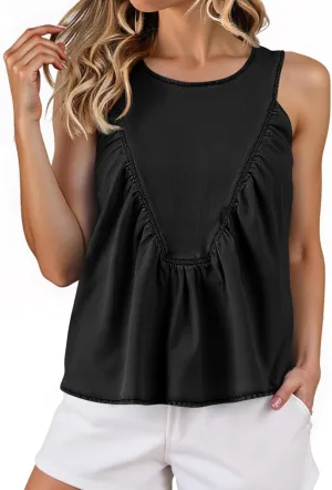 Cicy Bell Womens Babydoll Denim Tank Tops Peplum Swing Flowy Shirred Sleeveless Shirts Loose Fit Going Out Cute Tops