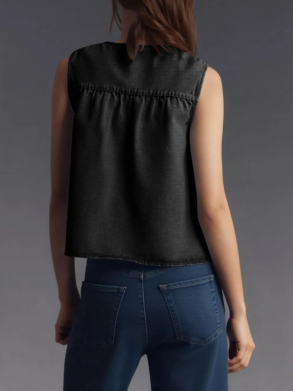 Cicy Bell Womens Babydoll Denim Tank Tops Peplum Swing Flowy Shirred Sleeveless Shirts Loose Fit Going Out Cute Tops