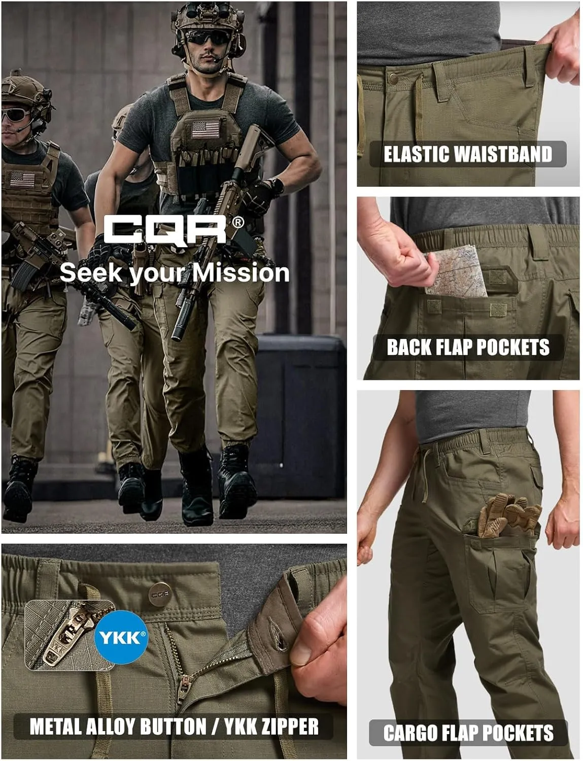 CQR Men's Flex Lightweight Joggers, Elastic Waist Drawstring Casual Pants, Tapered Fit Water Resistant Outdoor Cargo Pants