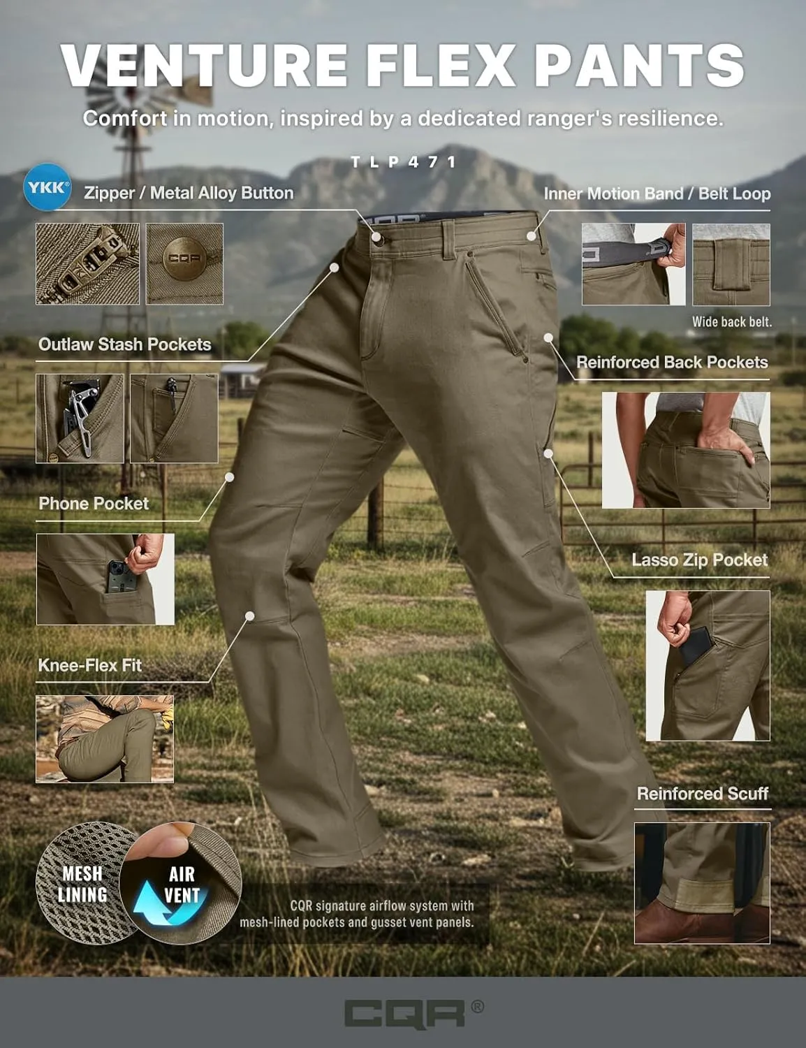 CQR Men's Motion Utility Casual Pants, Regular Fit Lightweight Work Pants, Water Resistant Outdoor Stretch Pants with Pockets