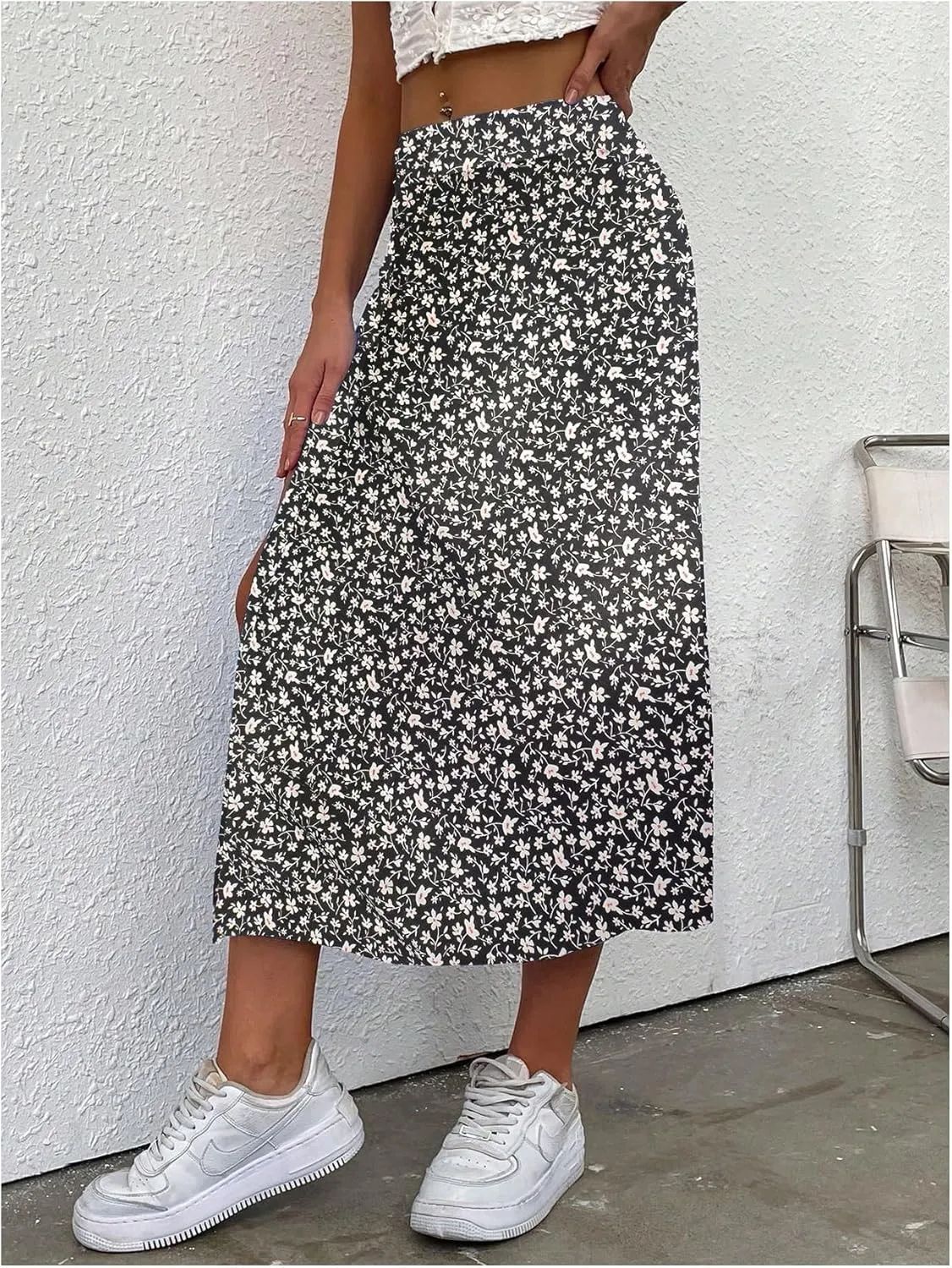 Floerns Women's Boho Floral High Waist Split A Line Midi Skirt