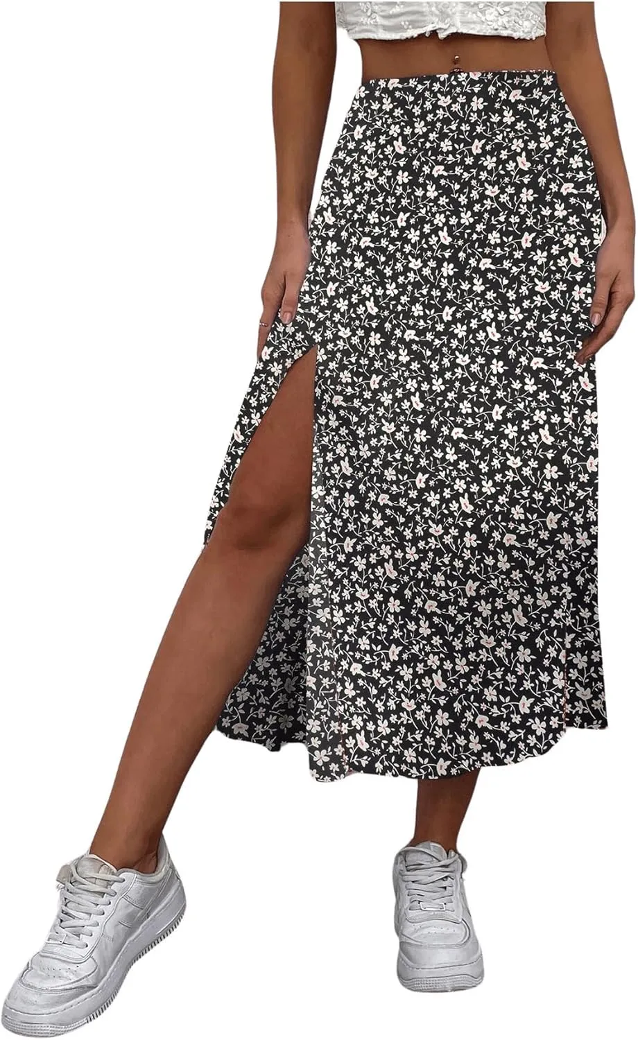 Floerns Women's Boho Floral High Waist Split A Line Midi Skirt