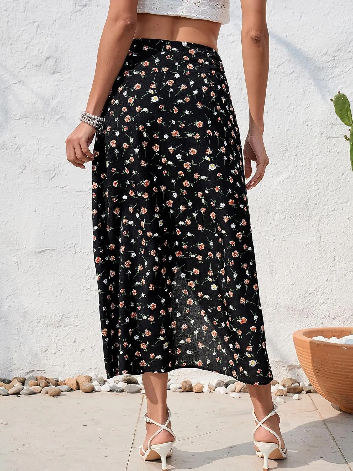 Floerns Women's Boho Floral High Waist Split A Line Midi Skirt