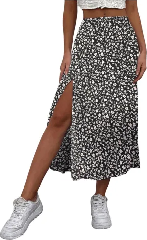 Floerns Women's Boho Floral High Waist Split A Line Midi Skirt