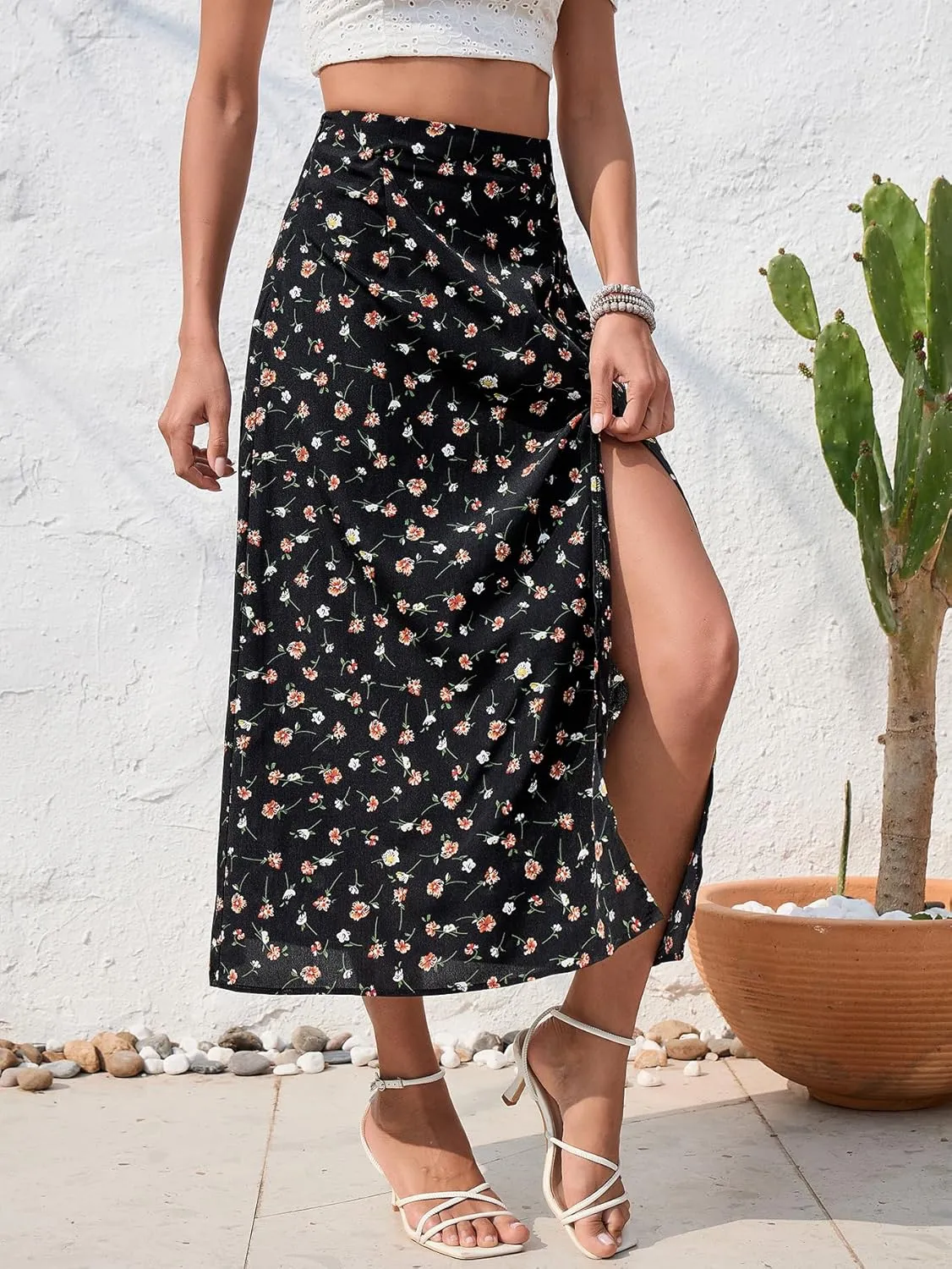 Floerns Women's Boho Floral High Waist Split A Line Midi Skirt