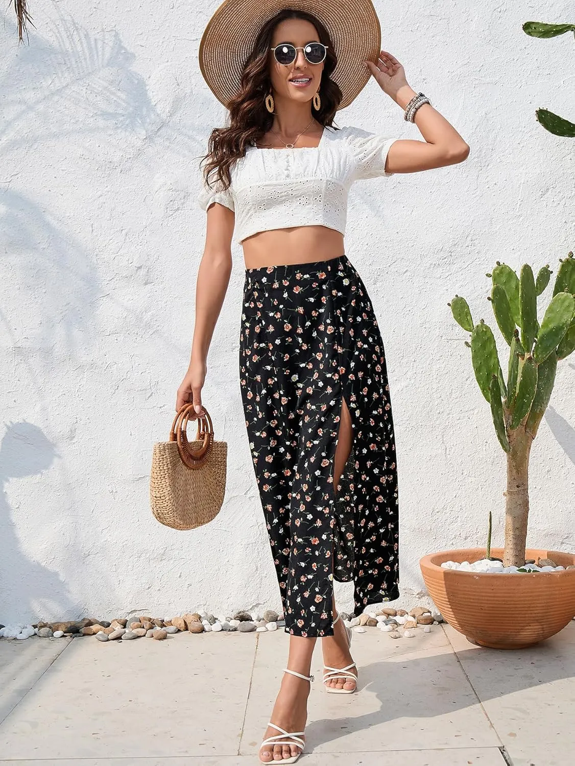 Floerns Women's Boho Floral High Waist Split A Line Midi Skirt