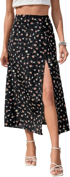 Floerns Women's Boho Floral High Waist Split A Line Midi Skirt