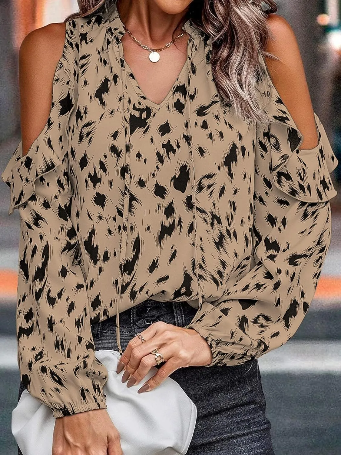 IFFEI Womens Long Sleeve Shirts Dressy Casual Leopard Print Tops Cold Shoulder Ruffle V Neck Loose Fit Blouses