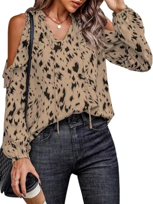 IFFEI Womens Long Sleeve Shirts Dressy Casual Leopard Print Tops Cold Shoulder Ruffle V Neck Loose Fit Blouses