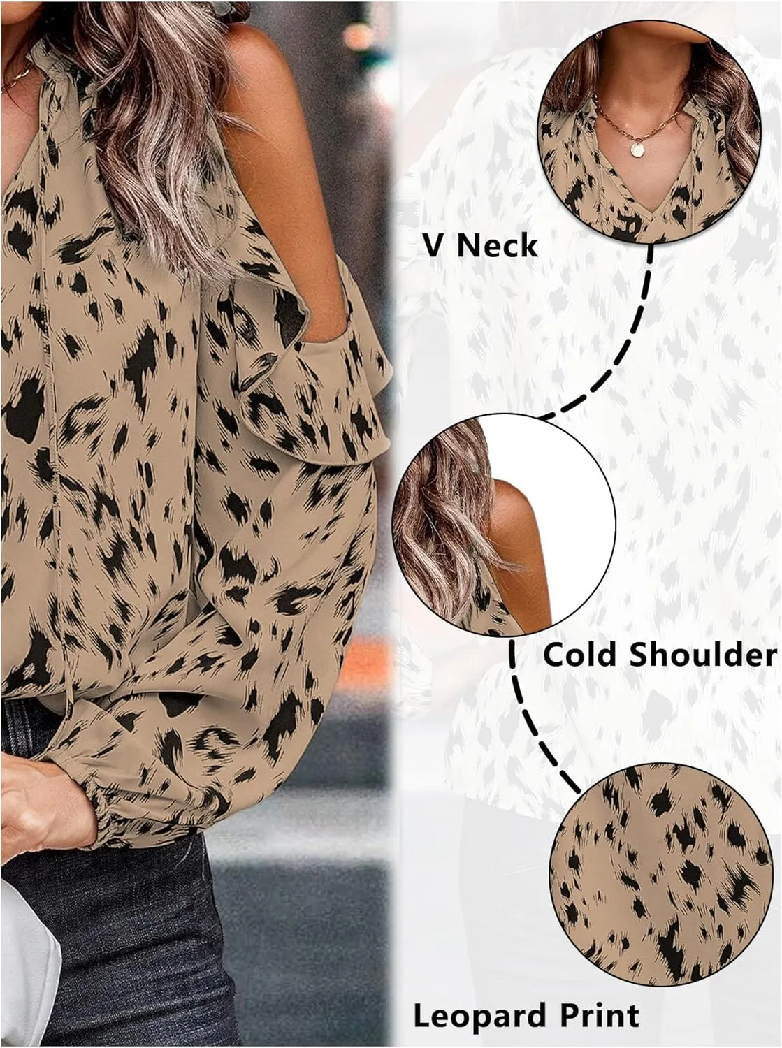 IFFEI Womens Long Sleeve Shirts Dressy Casual Leopard Print Tops Cold Shoulder Ruffle V Neck Loose Fit Blouses