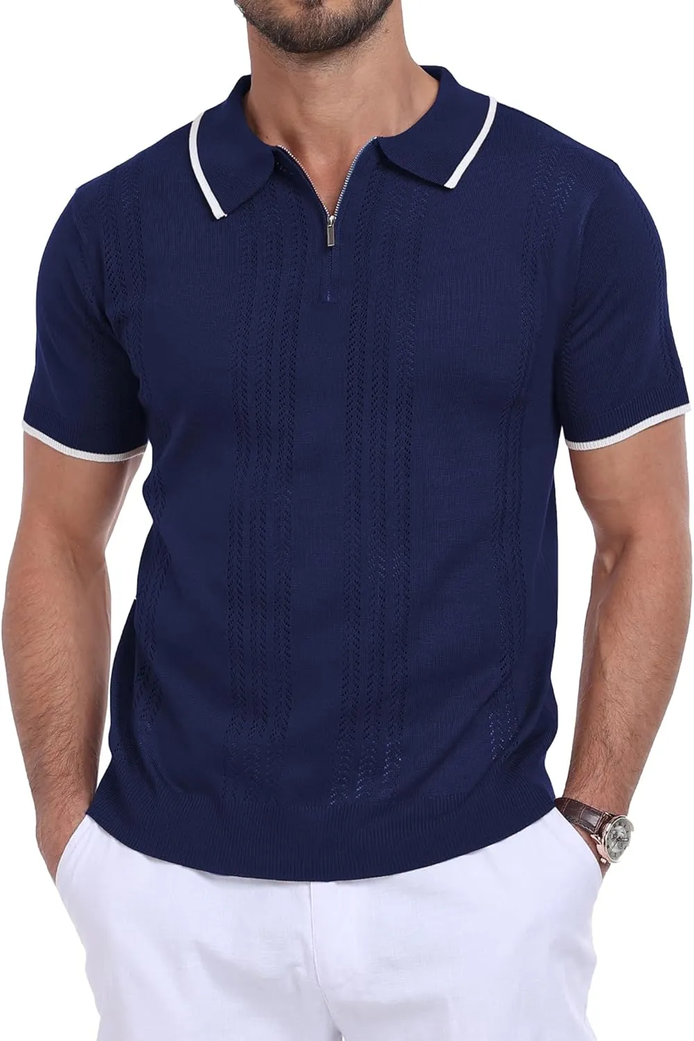 Men's Zipper Polo Shirts Casual Short Sleeve Hollow Out Knit Lightweight Golf Shirt