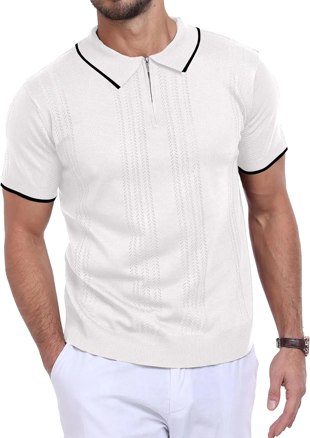Men's Zipper Polo Shirts Casual Short Sleeve Hollow Out Knit Lightweight Golf Shirt