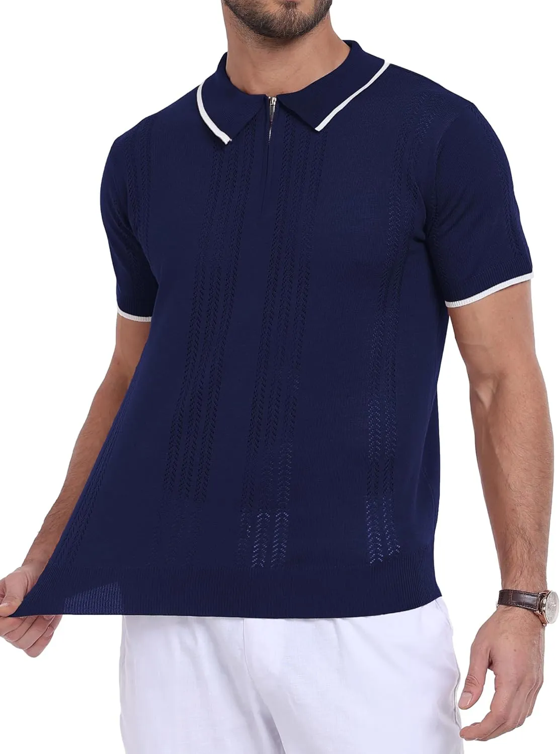 Men's Zipper Polo Shirts Casual Short Sleeve Hollow Out Knit Lightweight Golf Shirt