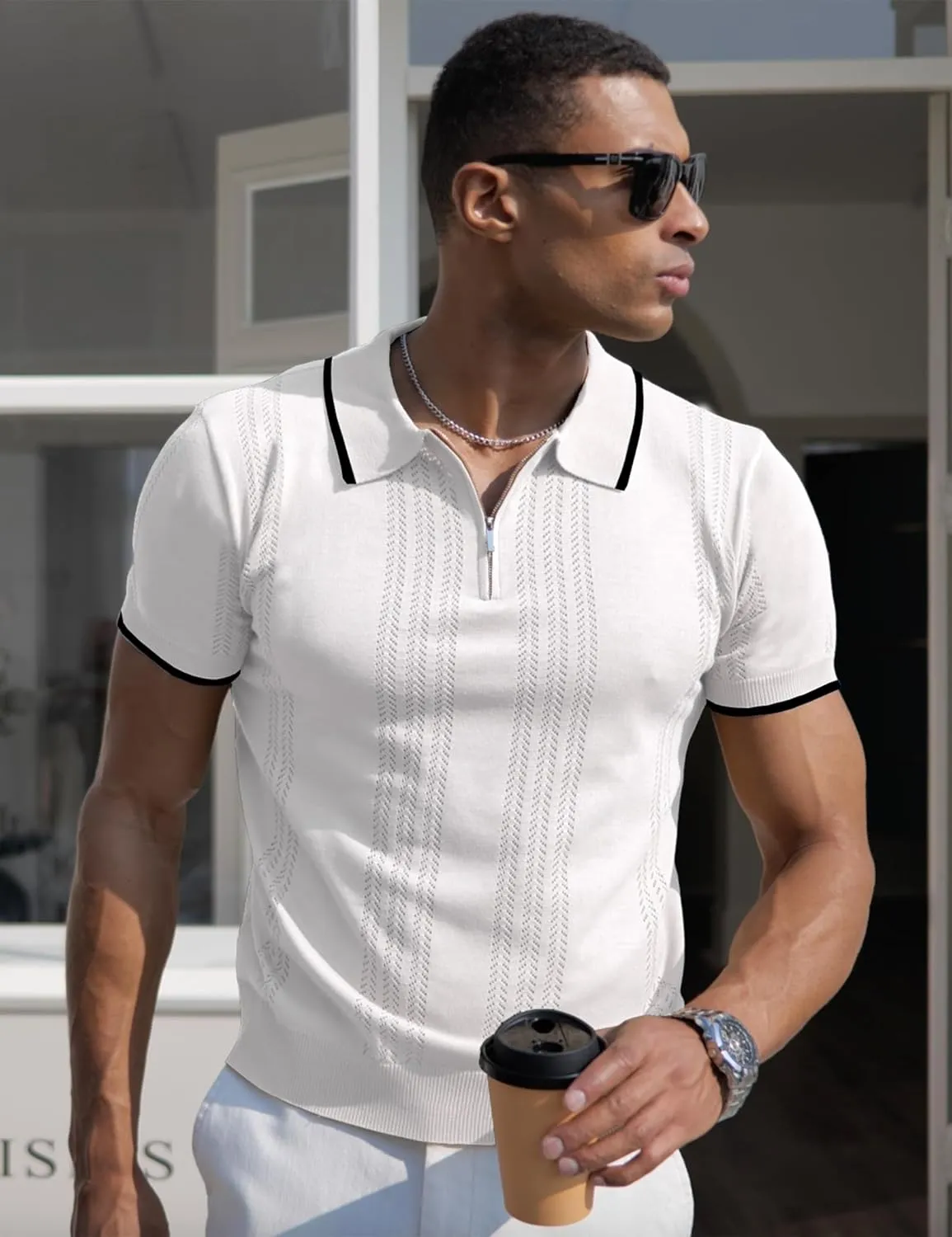 Men's Zipper Polo Shirts Casual Short Sleeve Hollow Out Knit Lightweight Golf Shirt