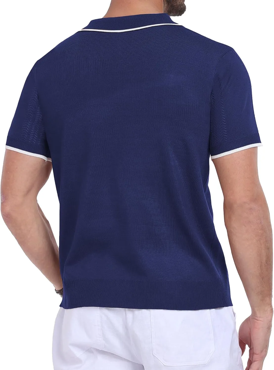 Men's Zipper Polo Shirts Casual Short Sleeve Hollow Out Knit Lightweight Golf Shirt