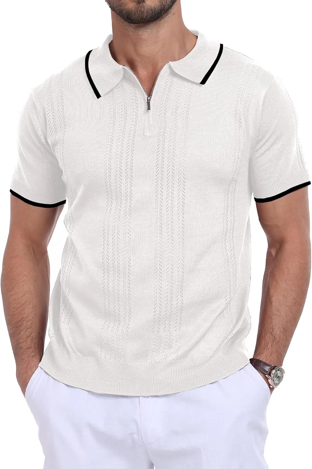 Men's Zipper Polo Shirts Casual Short Sleeve Hollow Out Knit Lightweight Golf Shirt