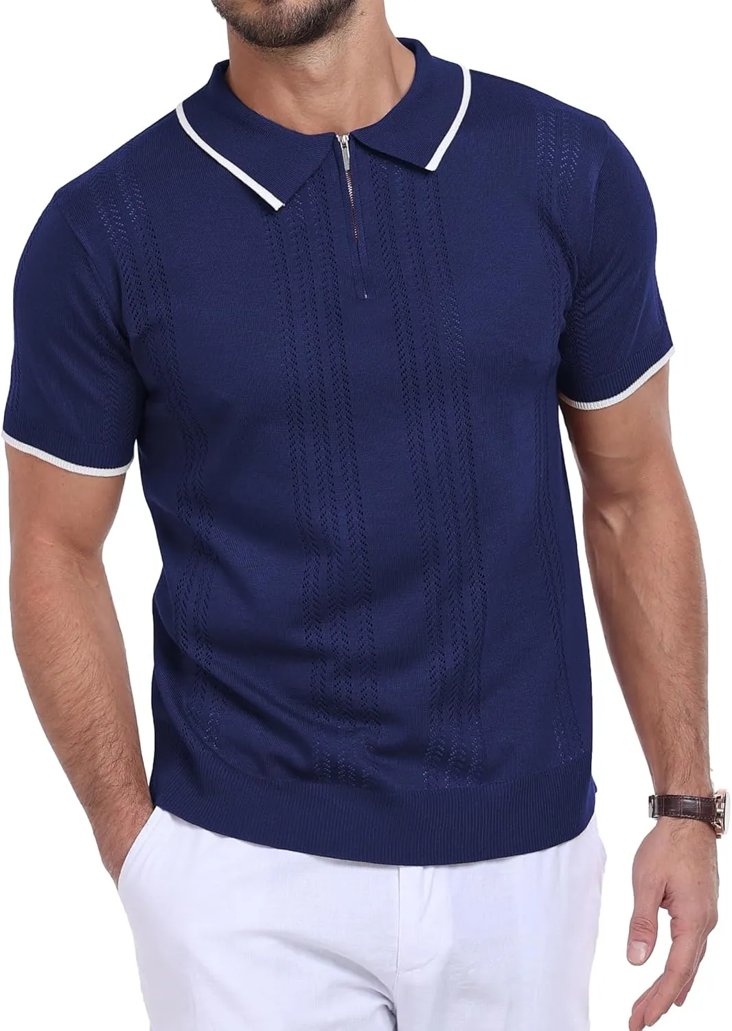Men's Zipper Polo Shirts Casual Short Sleeve Hollow Out Knit Lightweight Golf Shirt