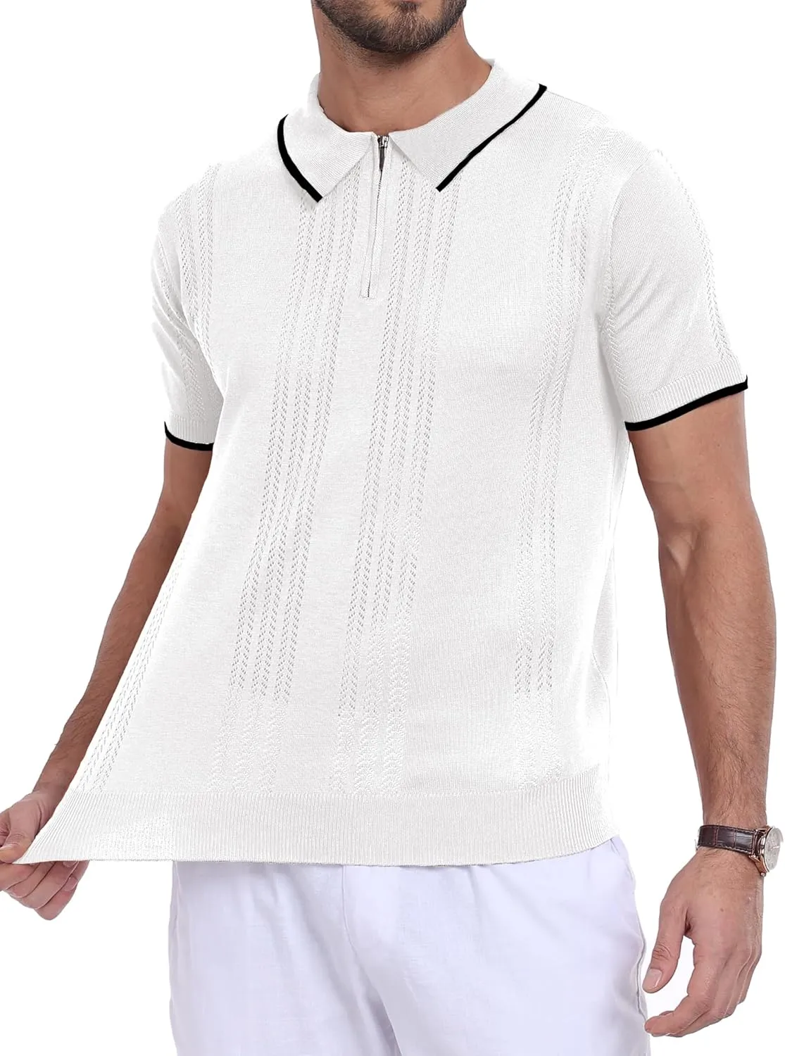 Men's Zipper Polo Shirts Casual Short Sleeve Hollow Out Knit Lightweight Golf Shirt