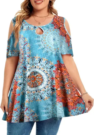 MONNURO Plus Size Cold Shoulder Tops For Women Sexy Ruffle Short Sleeve Tunic