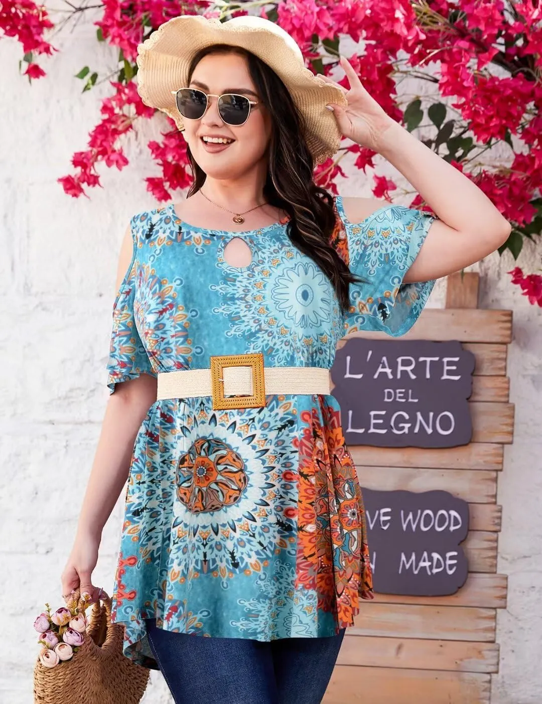 MONNURO Plus Size Cold Shoulder Tops For Women Sexy Ruffle Short Sleeve Tunic