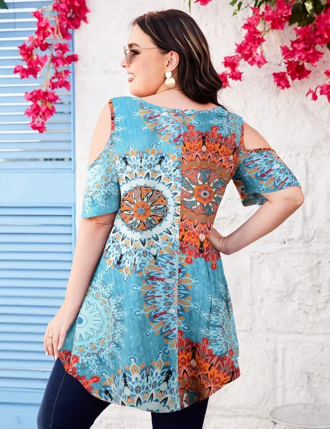 MONNURO Plus Size Cold Shoulder Tops For Women Sexy Ruffle Short Sleeve Tunic