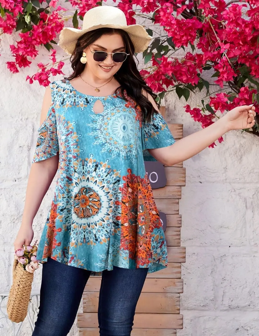 MONNURO Plus Size Cold Shoulder Tops For Women Sexy Ruffle Short Sleeve Tunic