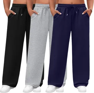 Neer 3 Pack Women's Plus Size Sweatpants Wide Leg Cargo Lounge Pants High Waist Ladies' Slacks Drawstring Jogger with Pockets