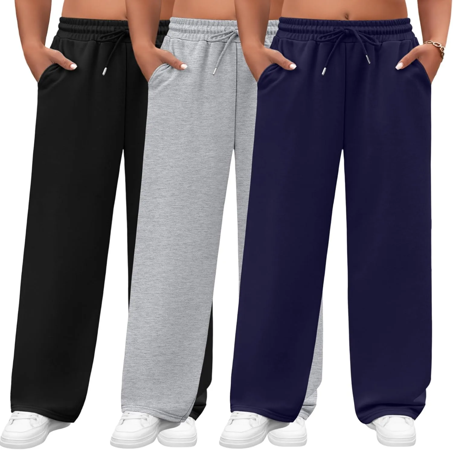 Neer 3 Pack Women's Plus Size Sweatpants Wide Leg Cargo Lounge Pants High Waist Ladies' Slacks Drawstring Jogger with Pockets