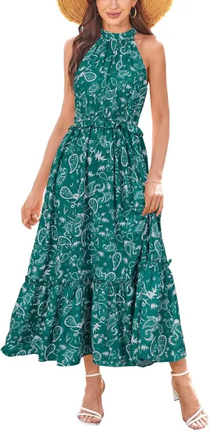 Newshows Womens 2025 Summer Vacation Outfits Halter Neck Floral Tiered Ruffled Flowy Casual Beach Boho Long Maxi Dress