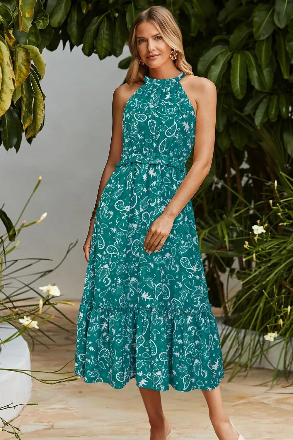 Newshows Womens 2025 Summer Vacation Outfits Halter Neck Floral Tiered Ruffled Flowy Casual Beach Boho Long Maxi Dress