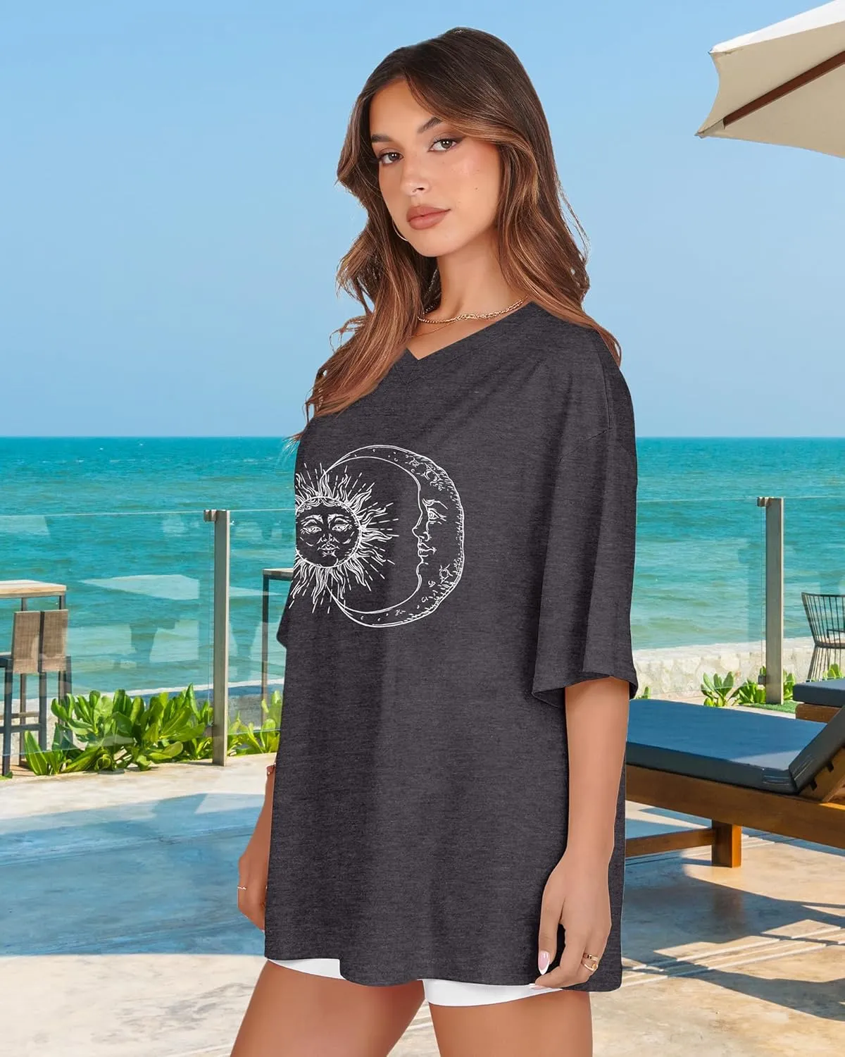 Oversized Tshirts for Women V Neck Short Sleeve Summer Casual Basic Loose Tops