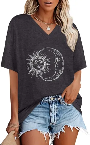Oversized Tshirts for Women V Neck Short Sleeve Summer Casual Basic Loose Tops