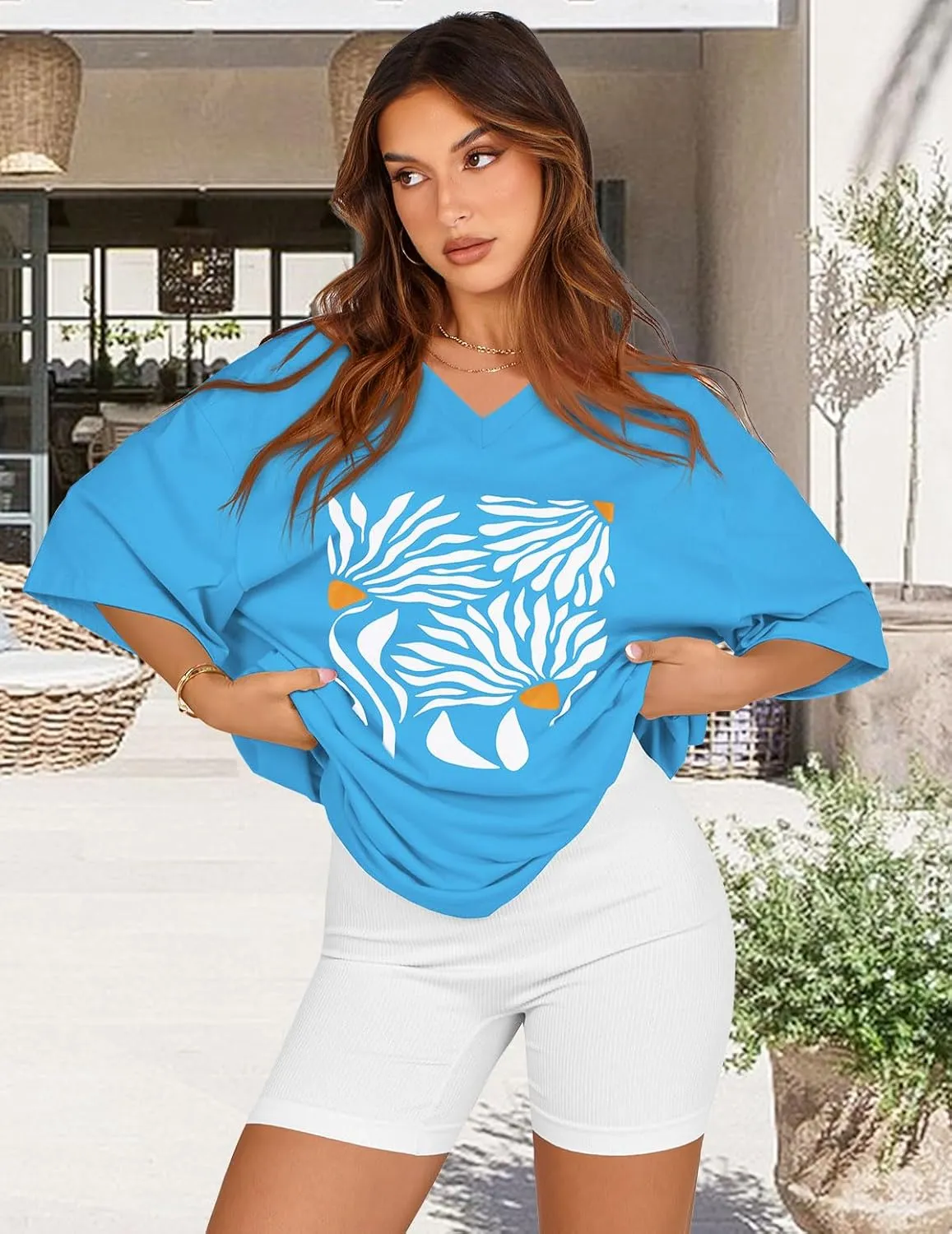 Oversized Tshirts for Women V Neck Short Sleeve Summer Casual Basic Loose Tops